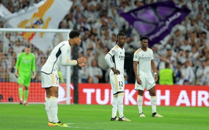 Madrid, Spain, 9th April 2024. Eduardo Camavinga of Real Madrid (C) reacts after an early Manchester City goal during the UEFA Champions League match at the Santiago Bernabau, Madrid. Picture credit should read: Paul Terry Sportimage EDITORIAL USE ONLY. No use with unauthorised audio, video, data, fixture lists, club league logos or live services. Online in-match use limited to 120 images, no video emulation. No use in betting, games or single club league player publications. SPI-3066-0043