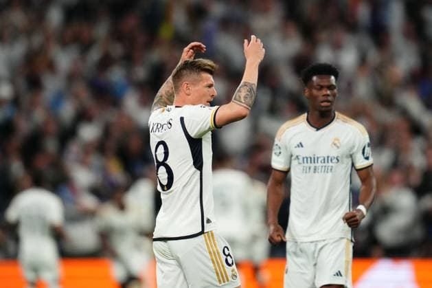 Toni Kroos of Real Madrid celebrates the 1-1 Real Madrid and Manchester City. UEFA Champions League match. Quarter-finals, first leg. Football, Santiago Bernabeu Stadium, Madrid, Spain - 9 April 2024 Editorial use only  Copyright: xBaguxBlanco PRESSINPHOTO Shutterstockx 14427173h