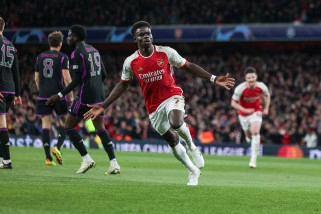 09 04 2024, Football, Season 2023 2024, UEFA Champions League, Quarter-final, Round 1, First leg, FC Arsenal London FC Bayern Munich, Bukayo Saka Arsenal London celebrates the 1-0 goal, London Emirates Stadium Greater London England xRHR PHOTO DEx Copyright: DennisxEwert RHR-FOTOx RHR-FOTO DE