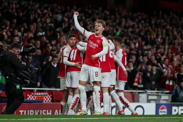 09 04 2024, Football, Season 2023 2024, UEFA Champions League, Quarter-final, Round 1, First leg, FC Arsenal London FC Bayern Munich, Martin Ödegaard Arsenal London celebrates the 1-0 goal, London Emirates Stadium Greater London England xRHR PHOTO DEx Copyright: DennisxEwert RHR-FOTOx RHR-FOTO DE
