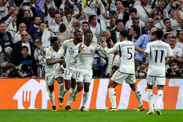 Real Madrid v Manchester City Champions League 09 04 2024. Goal 1-1 Eduardo Camavinga (12) of Real Madrid scores a goal and celebrates during the Champions League match between Real Madrid and Manchester City at the Santiago Bernabeu Stadium, Madrid, Spain on 9 April 2024. Editorial use only , Copyright: xNigelxKeenex PSI-19414-0011