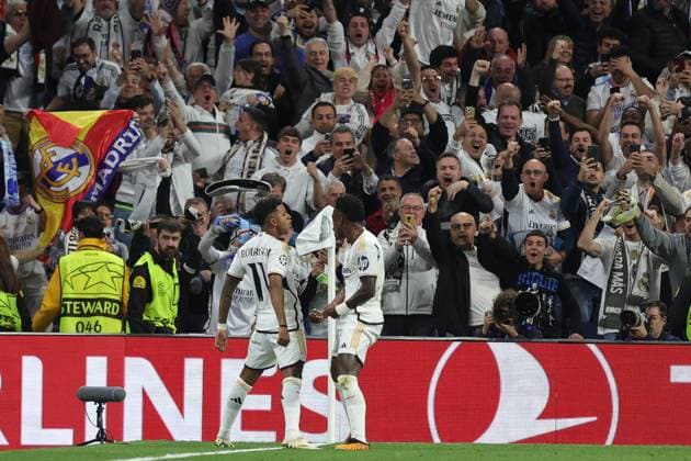 Real Madrid v Manchester City Champions League 09 04 2024. Goal 2-1 Rodrygo (11) of Real Madrid scores a goal and celebrates during the Champions League match between Real Madrid and Manchester City at the Santiago Bernabeu Stadium, Madrid, Spain on 9 April 2024. Madrid Santiago Bernabeu Stadium Madrid Spain Editorial use only , Copyright: xNigelxKeenex PSI-19414-0013