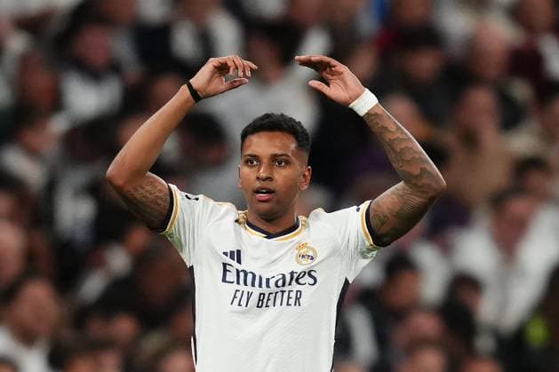 ESP: Real Madrid v Manchester City. UEFA Champions League match. Quarter-finals Rodrygo Goes of Real Madrid celebrates the 2-1 during the UEFA Champions League match, Quarter-finals, first leg, between Real Madrid and Manchester City played at Santiago Bernabeu Stadium on April 9, 2024 in Madrid Spain. kpng Copyright: xBaguxBlancox xPRESSINPHOTOx PS_240409_016