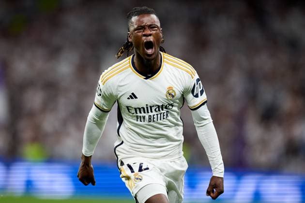 Eduardo Camavinga of Real Madrid CF celebrates his goal during the UEFA Champions League 2023 24 quarter-finals match between Real Madrid CF and Manchester City at Estadio Santiago Bernabeu on April 09, 2024 in Madrid, Spain. FOOTBALL : Real Madrid vs Manchester City - UEFA Ligue des Champions - 1 4 Quart - 09 04 2024 LGM Panoramic 