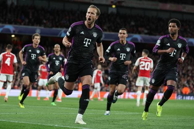 Arsenal FC v FC Bayern München: Quarter-final First Leg - UEFA Champions League 2023 24 Harry Kane of Bayern Munich celebrates goal during the UEFA Champions League quarter-final first leg match between Arsenal FC and FC Bayern München at Emirates Stadium on April 9, 2024 in London, England. London Emirates Stadium England United Kingdom Copyright: xEdxSykes Sportsphoto APLx 13971569
