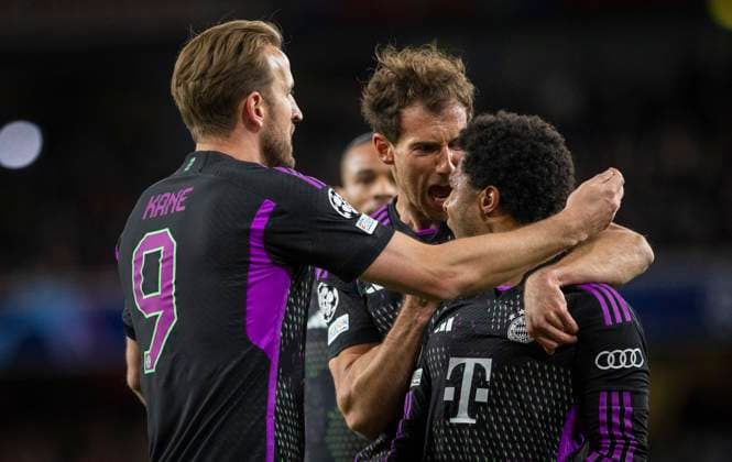 London, England 09th Apr 2024 Goal celebration Serge Gnabry Munich Harry Kane Munich Leon Goretzka Munich Arsenal London Bayern Munich Arsenal London Bayern Munich 09 04 2024