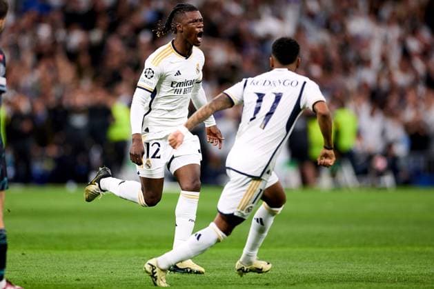 Eduardo Camavinga of Real Madrid CF celebrate his goal during the UEFA Champions League 2023 24 quarter-finals match between Real Madrid CF and Manchester City at Estadio Santiago Bernabeu on April 09, 2024 in Madrid, Spain. FOOTBALL : Real Madrid vs Manchester City - UEFA Ligue des Champions - 1 4 Quart - 09 04 2024 LGM Panoramic 