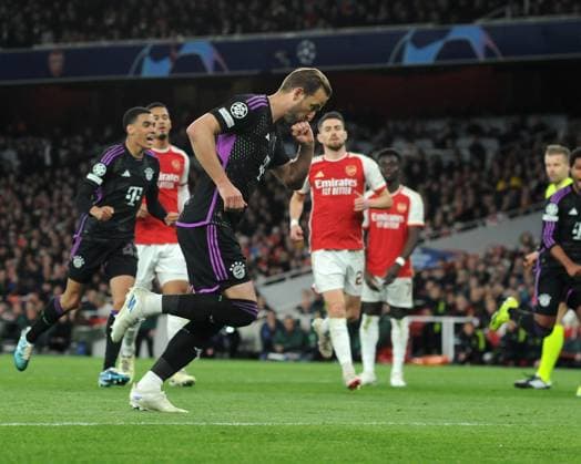 Football - 2023 2024 UEFA Champions League - Quarter-final - First Leg - Arsenal vs Bayern Munich - Emirates Stadium - Tuesday 9th April 2024 Harry Kane of Bayern Munich celebrates scoring from the Penalty spot 