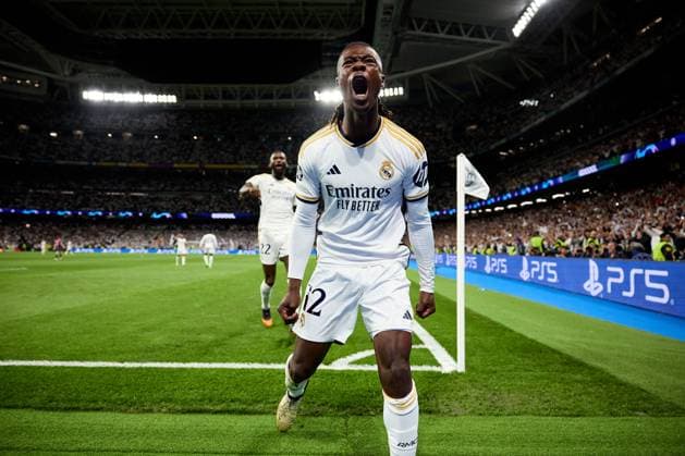 Eduardo Camavinga of Real Madrid CF celebrates his goal during the UEFA Champions League 2023 24 quarter-finals match between Real Madrid CF and Manchester City at Estadio Santiago Bernabeu on April 09, 2024 in Madrid, Spain. FOOTBALL : Real Madrid vs Manchester City - UEFA Ligue des Champions - 1 4 Quart - 09 04 2024 LGM Panoramic 