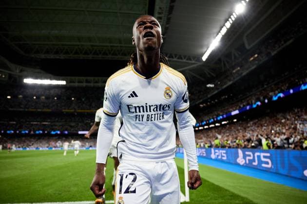 Eduardo Camavinga of Real Madrid CF celebrates his goal during the UEFA Champions League 2023 24 quarter-finals match between Real Madrid CF and Manchester City at Estadio Santiago Bernabeu on April 09, 2024 in Madrid, Spain. FOOTBALL : Real Madrid vs Manchester City - UEFA Ligue des Champions - 1 4 Quart - 09 04 2024 LGM Panoramic 