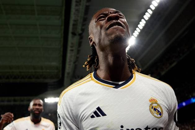 Eduardo Camavinga of Real Madrid CF celebrates his goal during the UEFA Champions League 2023 24 quarter-finals match between Real Madrid CF and Manchester City at Estadio Santiago Bernabeu on April 09, 2024 in Madrid, Spain. FOOTBALL : Real Madrid vs Manchester City - UEFA Ligue des Champions - 1 4 Quart - 09 04 2024 LGM Panoramic 