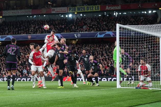 09 04 2024, Football, Season 2023 2024, UEFA Champions League, Quarter-final, Round 1, First leg, FC Arsenal London FC Bayern Munich, f l Kai Havertz Arsenal London , Gabriel Magalhaes Arsenal London , Harry Kane FC Bayern Munich in duel, London Emirates Stadium Greater London England xRHR PHOTO DEx Copyright: DennisxEwert RHR-FOTOx RHR-FOTO DE
