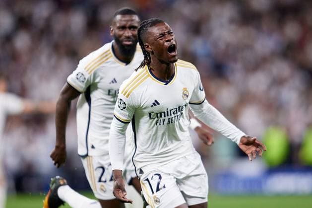 Eduardo Camavinga of Real Madrid CF celebrates after scoring a goal Real Madrid v Manchester City, UEFA Champions League, Quarter Final, First Leg, Football, Santiago Bernabeu Stadium, Madrid, Spain - 09 Apr 2024 EDITORIAL USE ONLY No use with unauthorised audio, video, data, fixture lists, club league logos or live services. Online in-match use limited to 120 images, no video emulation. No use in betting, games or single club league player publications. Copyright: xRubenxAlbarran Shutterstockx 14425023cm