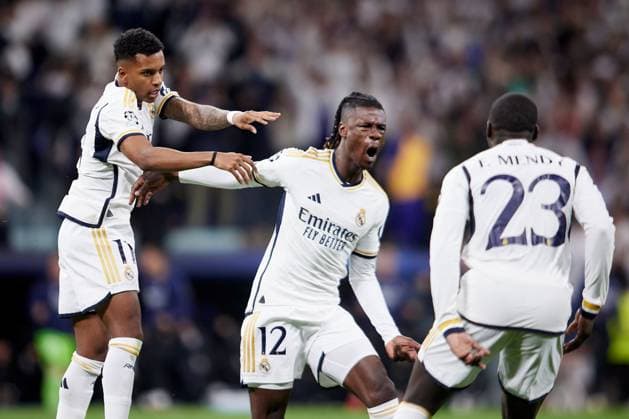 Eduardo Camavinga of Real Madrid CF celebrates after scoring a goal Real Madrid v Manchester City, UEFA Champions League, Quarter Final, First Leg, Football, Santiago Bernabeu Stadium, Madrid, Spain - 09 Apr 2024 EDITORIAL USE ONLY No use with unauthorised audio, video, data, fixture lists, club league logos or live services. Online in-match use limited to 120 images, no video emulation. No use in betting, games or single club league player publications. Copyright: xRubenxAlbarran Shutterstockx 14425023co