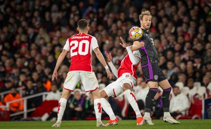 London, England 09th Apr 2024 Gabriel Magalhaes Arsenal Harry Kane Munich Arsenal London Bayern Munich Arsenal London Bayern Munich 09 04 2024