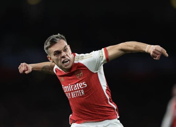 Leandro Trossard celebrates scoring the 2nd Arsenal goal Arsenal v Bayern Munich, UEFA Champions League 1 4 Final 1st Leg, Emirates Stadium, Highbury, London, UK - 09 04 2024 Editorial use only  Copyright: xMattxImpey Shutterstockx 14426976aj