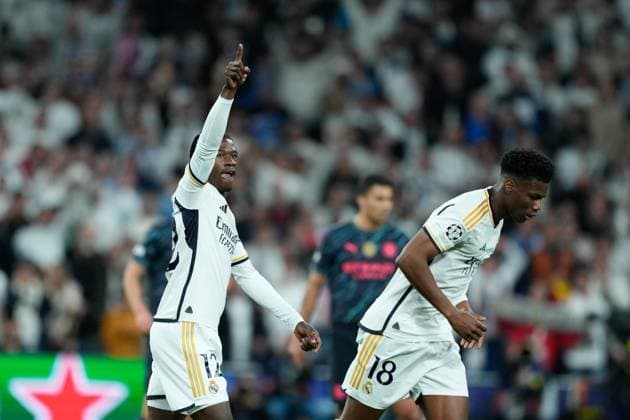 April 9, 2024, Madrid, Madrid, SPAIN: Eduardo Camavinga of Real Madrid celebrates a goal during the UEFA Champions League, Quarter finals, football match played between Real Madrid and Manchester City at Santiago Bernabeu stadium on April 9, 2024, in Madrid, Spain. Madrid SPAIN - ZUMAa181 20240409_zaa_a181_050 Copyright: xOscarxJ.xBarrosox