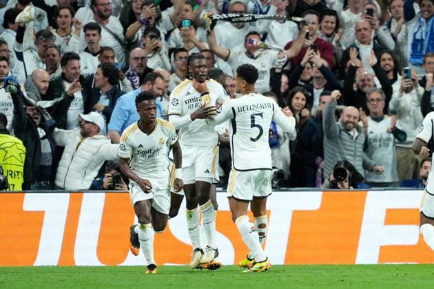 April 9, 2024, Madrid, Madrid, SPAIN: Eduardo Camavinga of Real Madrid celebrates a goal during the UEFA Champions League, Quarter finals, football match played between Real Madrid and Manchester City at Santiago Bernabeu stadium on April 9, 2024, in Madrid, Spain. Madrid SPAIN - ZUMAa181 20240409_zaa_a181_051 Copyright: xOscarxJ.xBarrosox