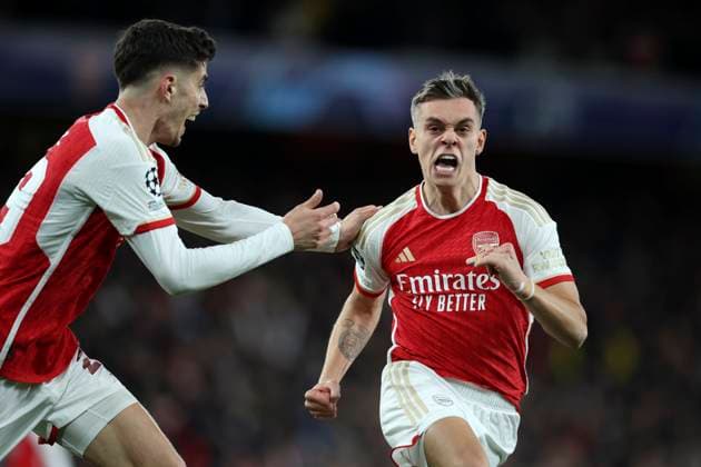 Arsenal FC v FC Bayern München: Quarter-final First Leg - UEFA Champions League 2023 24 Kai Havertz and Leandro Trossard of Arsenal celebrate equalizing goal during the UEFA Champions League quarter-final first leg match between Arsenal FC and FC Bayern München at Emirates Stadium on April 9, 2024 in London, England. London Emirates Stadium England United Kingdom Copyright: xEdxSykes Sportsphoto APLx 13971580
