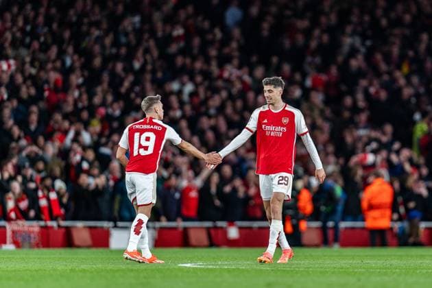 Goal for 2 2 by Leandro Trossard FC Arsenal London, 19 Kai Havertz FC Arsenal London, 29 FC Arsenal vs FC Bayern Muenchen , Football, UEFA Champions League, Quarter-final, 09 04 2024 FC Arsenal vs FC Bayern Muenchen , Football, UEFA Champions League, Quarter-final, 09 04 2024 London Copyright: xEibner-Pressefoto BahhoxKarax EP_FCB