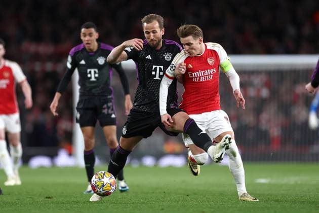 Arsenal gegen Bayern München 09. April 2024, London UEFA Champions League Viertelfinal Hinspiel Arsenal gegen Bayern München Harry Kane von Bayern München und Martin Odegaard von Arsenal Foto Jacques Feeney Abseits London UK  Copyright: xJacquesxFeeneyx xOffsidexOffside
