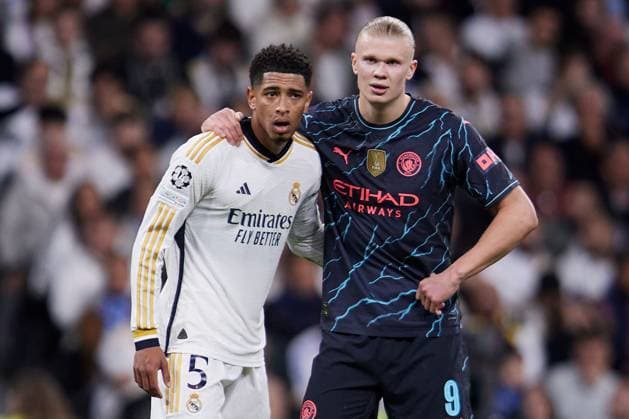 Erling Haaland of Manchester City FC and Jude Bellingham of Real Madrid CF Real Madrid v Manchester City, UEFA Champions League, Quarter Final, First Leg, Football, Santiago Bernabeu Stadium, Madrid, Spain - 09 Apr 2024 EDITORIAL USE ONLY No use with unauthorised audio, video, data, fixture lists, club league logos or live services. Online in-match use limited to 120 images, no video emulation. No use in betting, games or single club league player publications. Copyright: xRubenxAlbarran Shutterstockx 14425023ep