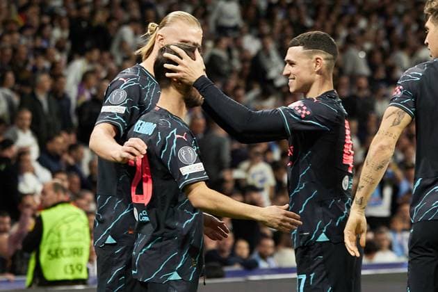 April 9, 2024, Madrid, Spain: playersr of Manchester City celebrate a goal during the UEFA Champions League quarter-final first leg match between Real Madrid CF and Manchester City at Estadio Santiago Bernabeu on April 09, 2024 in Madrid, Spain. Madrid Spain - ZUMAd159 20240409_zia_d159_093 Copyright: xGerardxFrancox