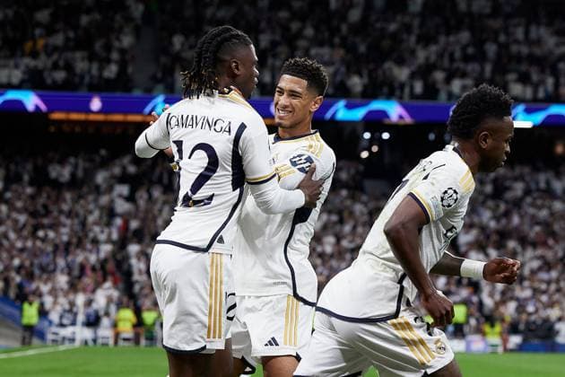 Eduardo Camavinga and Jude Bellingham of Real Madrid CF celebrates after scoring a goal Real Madrid v Manchester City, UEFA Champions League, Quarter Final, First Leg, Football, Santiago Bernabeu Stadium, Madrid, Spain - 09 Apr 2024 EDITORIAL USE ONLY No use with unauthorised audio, video, data, fixture lists, club league logos or live services. Online in-match use limited to 120 images, no video emulation. No use in betting, games or single club league player publications. Copyright: xRubenxAlbarran Shutterstockx 14425023dm