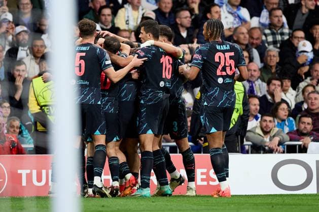 Phil Foden of Manchester City celebrates his goal during the UEFA Champions League 2023 24 quarter-finals match between Real Madrid CF and Manchester City at Estadio Santiago Bernabeu on April 09, 2024 in Madrid, Spain. FOOTBALL : Real Madrid vs Manchester City - UEFA Ligue des Champions - 1 4 Quart - 09 04 2024 LGM Panoramic 