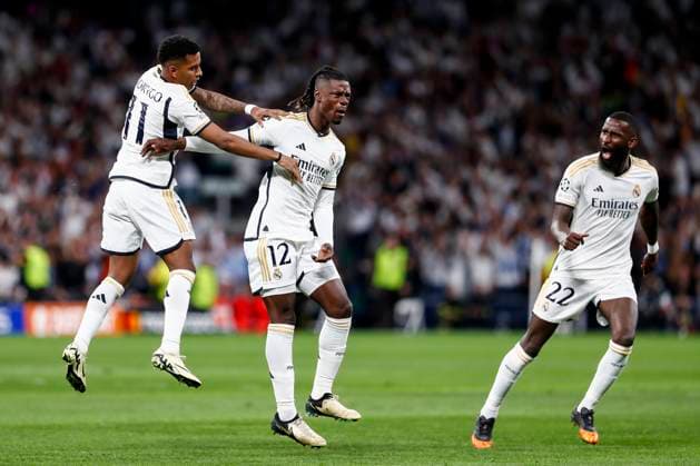 April 9, 2024, Madrid, Madrid, SPAIN: Eduardo Camavinga of Real Madrid celebrates a goal during the UEFA Champions League, Quarter finals, football match played between Real Madrid and Manchester City at Santiago Bernabeu stadium on April 9, 2024, in Madrid, Spain. Madrid SPAIN - ZUMAa181 20240409_zaa_a181_083 Copyright: xIrinaxR.xHipolitox