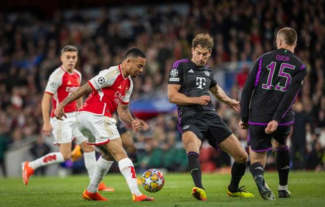 London, England 09th Apr 2024 Assist from Gabriel Jesus Arsenal to Leandro Trossard Arsenal v Leon Goretzka Muenchen Eric Dier Muenchen Arsenal London Bayern Munich Arsenal London Bayern Munich 09 04 2024