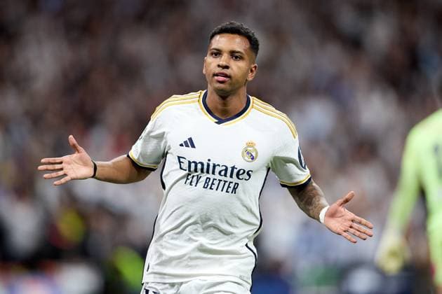 April 9, 2024, Madrid, Spain: Rodrygo of Real Madrid celebrates his goal during the UEFA Champions League quarter-final first leg match between Real Madrid CF and Manchester City at Estadio Santiago Bernabeu on April 09, 2024 in Madrid, Spain. Madrid Spain - ZUMAd159 20240409_zia_d159_183 Copyright: xPabloxGarciax