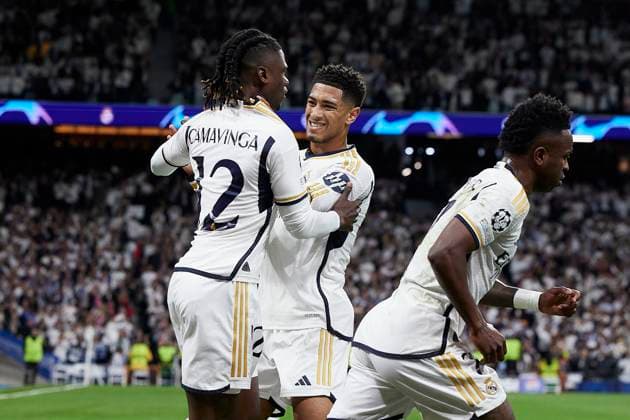 April 9, 2024, Madrid, Madrid, Spain: Eduardo Camavinga and Jude Bellingham of Real Madrid CF celebrates after scoring a goal during the UEFA Champions League quarterfinal first leg football match between Real Madrid CF and Manchester City FC at the Santiago Bernabeu Stadium in Madrid, Spain, April 9, 2024 Madrid Spain - ZUMAa206 20240409_zsp_a206_113 Copyright: xRubenxAlbarranx