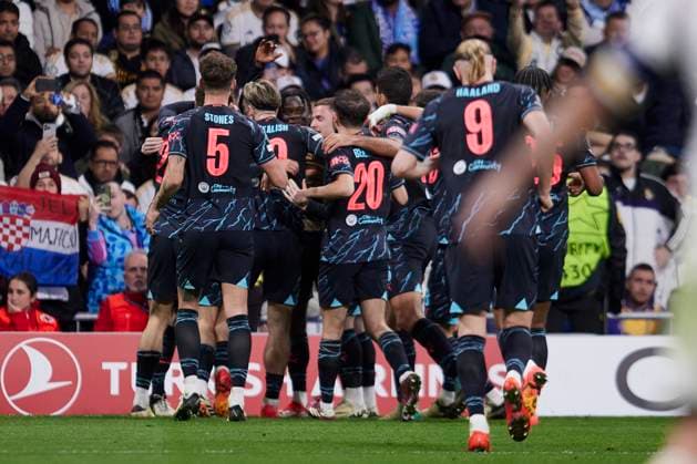 April 9, 2024, Madrid, Madrid, Spain: Josko Gvardiol of Manchester City FC celebrates with his teammates after scoring a goal during the UEFA Champions League quarterfinal first leg football match between Real Madrid CF and Manchester City FC at the Santiago Bernabeu Stadium in Madrid, Spain, April 9, 2024 Madrid Spain - ZUMAa206 20240409_zsp_a206_139 Copyright: xRubenxAlbarranx