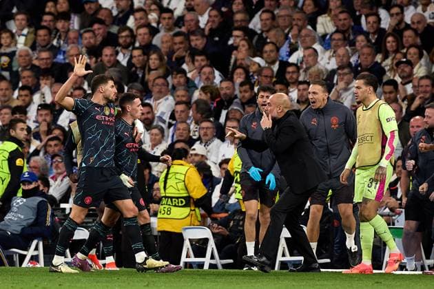 April 9, 2024, Madrid, Spain: Players of Manchester City celebrate a goal during the UEFA Champions League quarter-final first leg match between Real Madrid CF and Manchester City at Estadio Santiago Bernabeu on April 09, 2024 in Madrid, Spain. Madrid Spain - ZUMAd159 20240409_zia_d159_240 Copyright: xGerardxFrancox