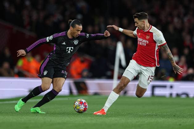 London, England, 9th April 2024. Leroy Sane of Bayern Munich (left) and Jakub Kiwior of Arsenal (right) battle for the ball during the UEFA Champions League match at the Emirates Stadium, London. Picture credit should read: Kieran Cleeves Sportimage EDITORIAL USE ONLY. No use with unauthorised audio, video, data, fixture lists, club league logos or live services. Online in-match use limited to 120 images, no video emulation. No use in betting, games or single club league player publications. SPI-3065-0058