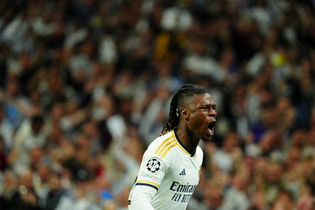 Eduardo Camavinga of Real Madrid celebrates scoring a goal after making it 1-1 Real Madrid v Manchester City, UEFA Champions League, Quarter Final, First Leg, Football, Santiago Bernabeu Stadium, Madrid, Spain - 09 Apr 2024 EDITORIAL USE ONLY No use with unauthorised audio, video, data, fixture lists, club league logos or live services. Online in-match use limited to 120 images, no video emulation. No use in betting, games or single club league player publications.  Copyright: xJavierxGarcia Shutterstockx 14424044dl