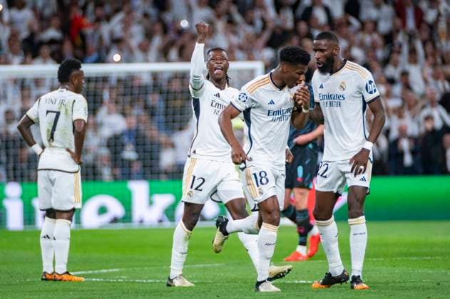 UEFA Champions League 2023 24 Quarter-final First Leg: Real Madrid CF v Manchester City Eduardo Camavinga of Real Madrid celebrates his goal during the UEFA Champions League quarter-final first leg match between Real Madrid CF and Manchester City at Estadio Santiago Bernabeu on April 9, 2024 in Madrid, Spain. Madrid Estadio Santiago Bernabeu Madrid Spain Copyright: xAlbertoxGardinx AGardin_20240409_football_Champions_League_Real_Madrid_vs_Manchester_City_048