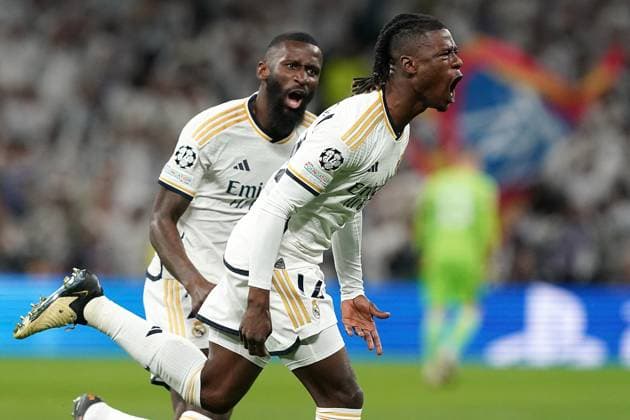 Champions League - Real Madrid v Manchester City Real Madrid CF s Antonio Rudiger (l) and Eduardo Camavinga celebrate goal during Champions League 2023 2024,Quarter-finals, 1st leg match. Madrid, Spain, April 9, 2024. Photo by Acero AlterPhotos ABACAPRESS.COM Madrid Spain  Copyright: xAcero AlterPhotos ABACAx