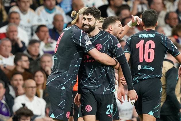 Champions League - Real Madrid v Manchester City Manchester City FC s Erling Haaland (l) and Josko Gvardiol celebrate during Champions League 2023 2024,Quarter-finals, 1st leg match. Madrid, Spain, April 9, 2024. Photo by Acero AlterPhotos ABACAPRESS.COM Madrid Spain  Copyright: xAcero AlterPhotos ABACAx
