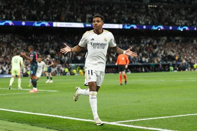 Rodrygo Goes (Real), APRIL 9, 2024 - Football Soccer : Rodrygo celebrate after his goal during UEFA Champions League Quarter-finals 1st leg match between Real Madrid CF 3-3 Manchester City FC at the Estadio Santiago Bernabeu in Madrid, Spain. Noxthirdxpartyxsales  (249650925)