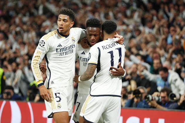(L-R) Jude Bellingham, Vinicius Junior, Rodrygo Goes (Real), APRIL 9, 2024 - Football Soccer : Bellingham, Vinicius and Rodrygo celebrate after Rodrygo s goal during UEFA Champions League Quarter-finals 1st leg match between Real Madrid CF 3-3 Manchester City FC at the Estadio Santiago Bernabeu in Madrid, Spain. Noxthirdxpartyxsales  (249651290)
