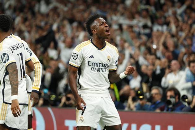 Vinicius Junior (Real), APRIL 9, 2024 - Football Soccer : Vinicius celebrate after Rodrygo s goal during UEFA Champions League Quarter-finals 1st leg match between Real Madrid CF 3-3 Manchester City FC at the Estadio Santiago Bernabeu in Madrid, Spain. Noxthirdxpartyxsales  (249651293)