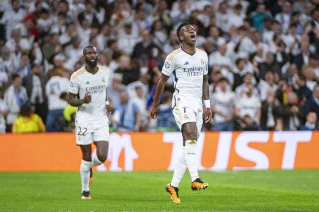 Vinicius Junior of Real Madrid celebrates his goal during the UEFA Champions League quarter-final first leg match between Real Madrid CF and Manchester City at Estadio Santiago Bernabeu on April 9, 2024 in Madrid, Spain.  Copyright: xAlbertoxGardin IPAxSportx xipa-ax xx IPA_45001506 IPA_Agency_IPA45001506