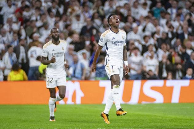UEFA Champions League football match - Real Madrid vs Manchester City Vinicius Junior of Real Madrid celebrates his goal during the UEFA Champions League quarter-final first leg match between Real Madrid CF and Manchester City at Estadio Santiago Bernabeu on April 9, 2024 in Madrid, Spain. Madrid Spain  Copyright: xIPAxSport ABACAx