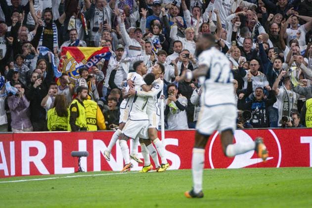 UEFA Champions League football match - Real Madrid vs Manchester City Rodrygo Silva de Goes (L), Vinicius Junior (C), Jude Bellingham (R) of Real Madrid celebrate a goal during the UEFA Champions League quarter-final first leg match between Real Madrid CF and Manchester City at Estadio Santiago Bernabeu on April 9, 2024 in Madrid, Spain. Madrid Spain  Copyright: xIPAxSport ABACAx