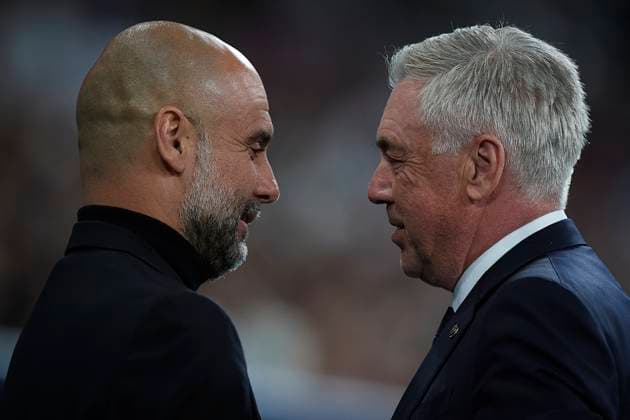 2024-04-09 Real Madrid CF v Manchester City - Quarter-final First Leg - UEFA Champions League 2023 24 MADRID, SPAIN - APRIL 9: Carlo Ancelotti of Real Madrid CF and Pep Guardiola of Manchester City during the Quarter-final First Leg - UEFA Champions League match between Real Madrid CF and Manchester City at Estadio Santiago Bernabeu on April 9, 2024 in Madrid, Spain. (Photo by Pablo Morano BSR Agency) Madrid Spain Content not available for redistribution in The Netherlands directly or indirectly through any third parties. Copyright: xBSRxAgencyx