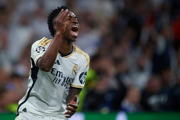 2024-04-09 Real Madrid CF v Manchester City - Quarter-final First Leg - UEFA Champions League 2023 24 MADRID, SPAIN - APRIL 9: Vinicius Junior of Real Madrid CF racts during the Quarter-final First Leg - UEFA Champions League match between Real Madrid CF and Manchester City at Estadio Santiago Bernabeu on April 9, 2024 in Madrid, Spain. (Photo by Pablo Morano BSR Agency) Madrid Spain Content not available for redistribution in The Netherlands directly or indirectly through any third parties. Copyright: xBSRxAgencyx