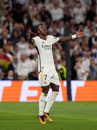 Real Madrid CF v Manchester City: Quarter-final First Leg - UEFA Champions League 2023 24 Vinicius Junior of Real Madrid is celebrating a goal during the UEFA Champions League quarter-final first leg match between Real Madrid CF and Manchester City at Estadio Santiago Bernabeu in Madrid, Spain, on April 9, 2024. Madrid Spain  Copyright: xDAXxImagesx originalFilename:daximages-realmadr240409_np3Pb.jpg