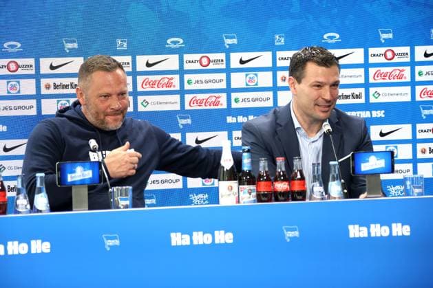 DEU, DFL, 2 FBL Hertha BSC, PK, 10 04 2024, Hertha BSC Geschaeftsstelle, Berlin, DEU, DFL, 2 FBL Hertha BSC, PK, im Bild Cheftrainer Pal Dardai Hertha BSC Berlin , Benjamin Weber Sportdirektor, Hertha BSC Berlin DFL regulations prohibit any use of Photographs as image sequences and or quasi video Foto Juergen Engler nordphoto GmbH nordphotoxGmbHx xEngler nph00076